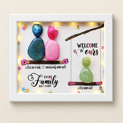 Love Nest Trio Pebble Art Gift: three colourful pebble figures on two branches with a family message, white frame, on a beige background