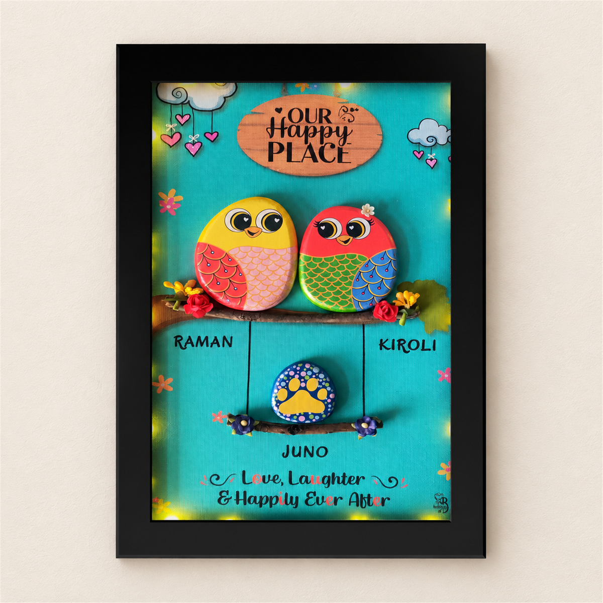 Love with Paws: two colourful birds and a paw detail against turquoise, black frame, on a beige background