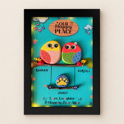 Love with Paws: two colourful birds and a paw detail against turquoise, black frame, on a beige background