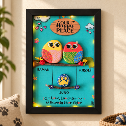 Love with Paws, two colourful birds and a paw detail against turquoise, in a home setting