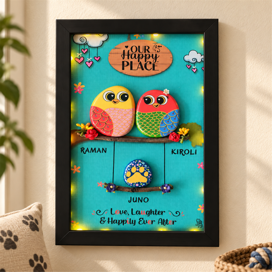 Love with Paws, two colourful birds and a paw detail against turquoise, in a home setting