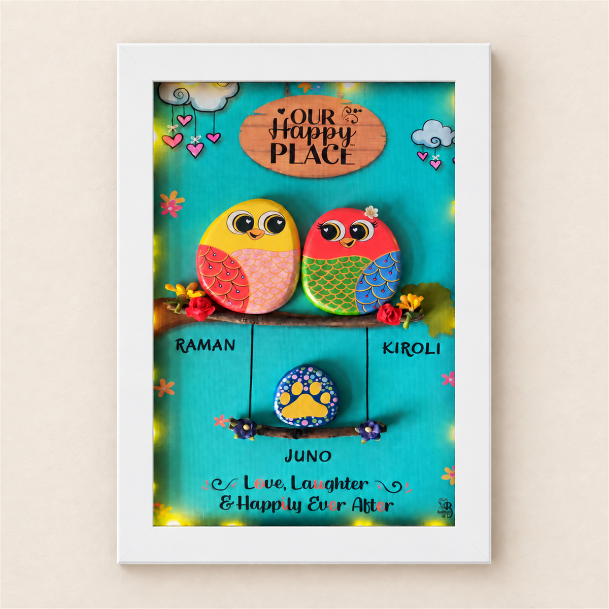 Love with Paws: two colourful birds and a paw detail against turquoise, white frame, on a beige background