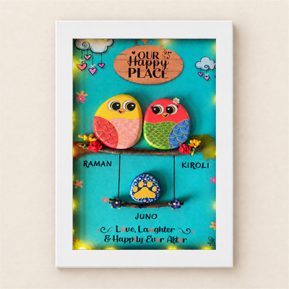 Love with Paws: two colourful birds and a paw detail against turquoise, white frame, on a beige background