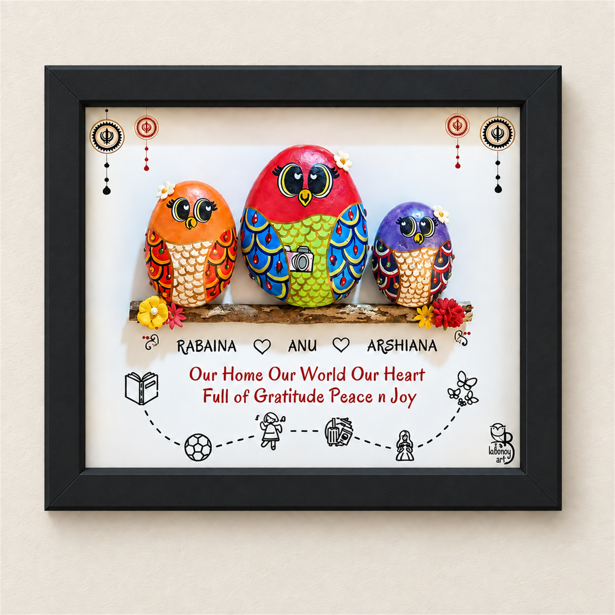 Mom and Us - Personalised Decorative Nameplate: three colourful birds on a branch with small hobby illustrations, black frame, on a beige background