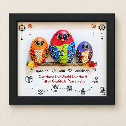 Mom and Us - Personalised Decorative Nameplate: three colourful birds on a branch with small hobby illustrations, black frame, on a beige background