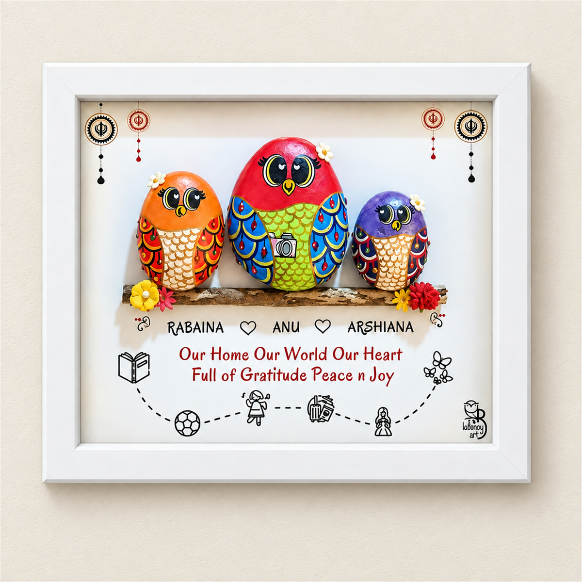 Mom and Us - Personalised Decorative Nameplate: three colourful birds on a branch with small hobby illustrations, white frame, on a beige background