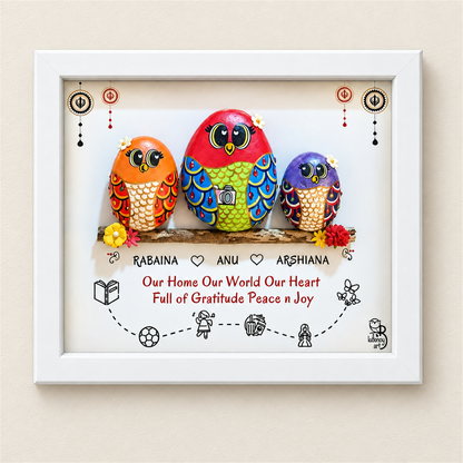 Mom and Us - Personalised Decorative Nameplate: three colourful birds on a branch with small hobby illustrations, white frame, on a beige background