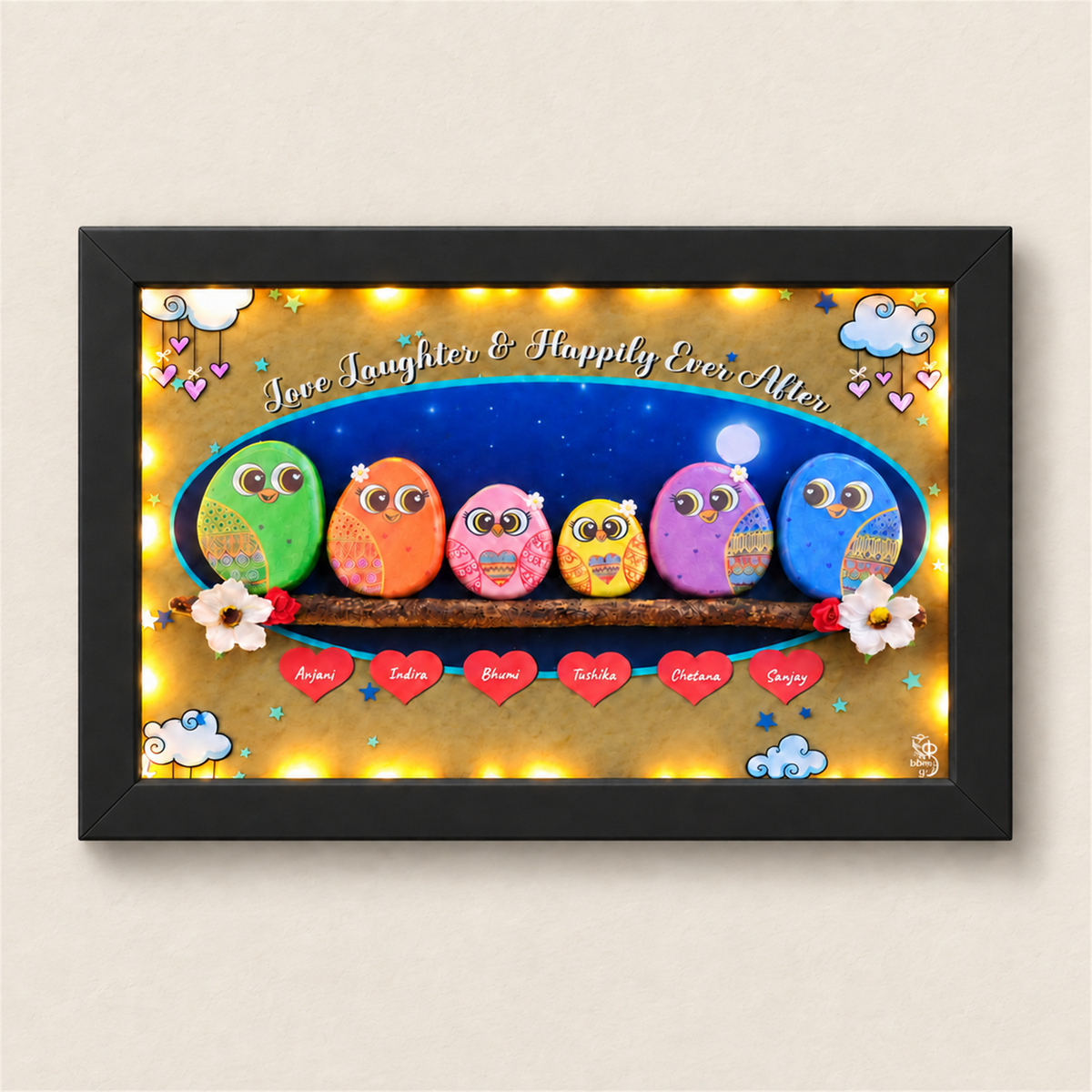 Night Cloud Family Pebble Art - black frame