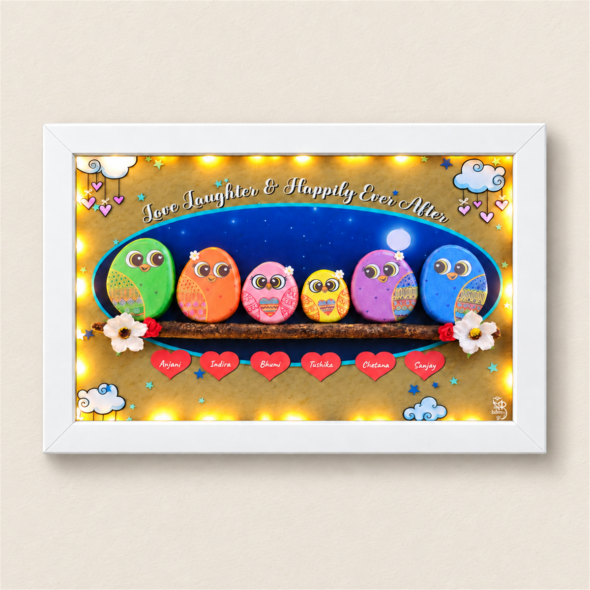 Night Cloud Family Pebble Art - white frame