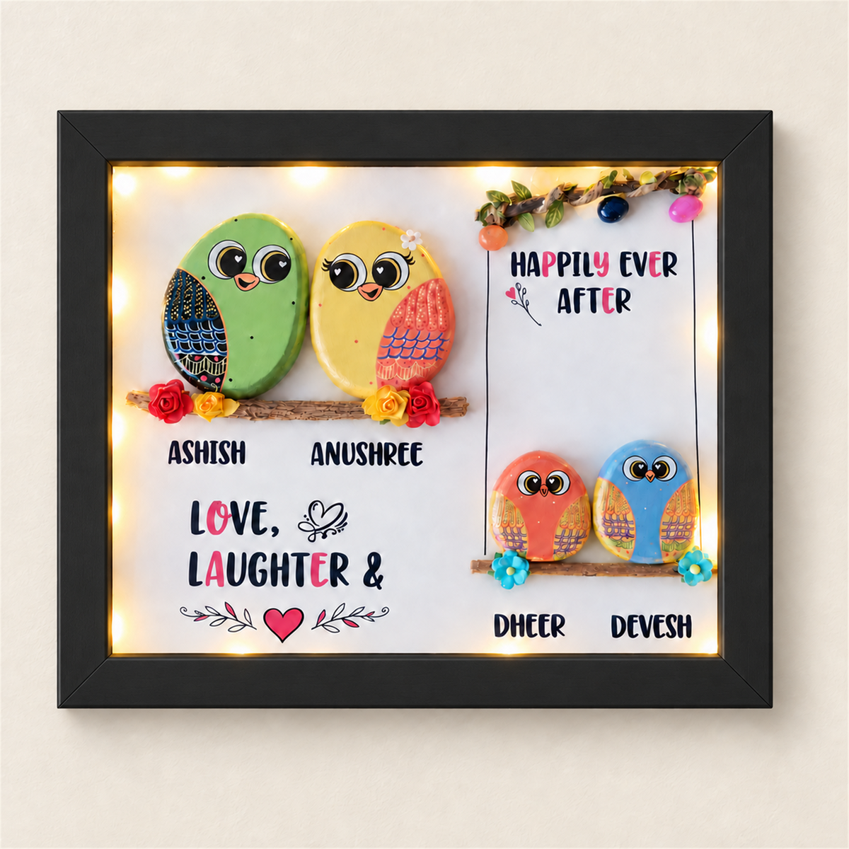 Playful Paradise Pebble Art - black frame
