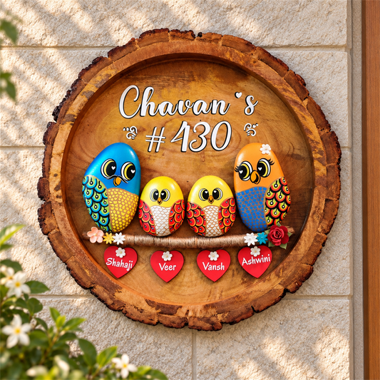 Round Wooden Frame Family Pebble Art