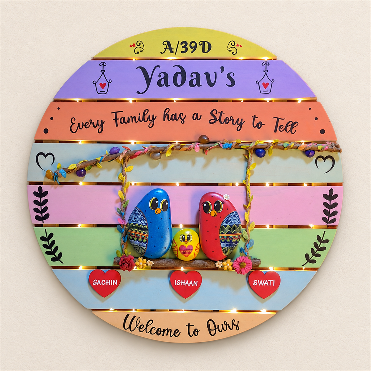 Treasured Narratives Nameboard: family birds on a round pastel nameboard, on a beige background