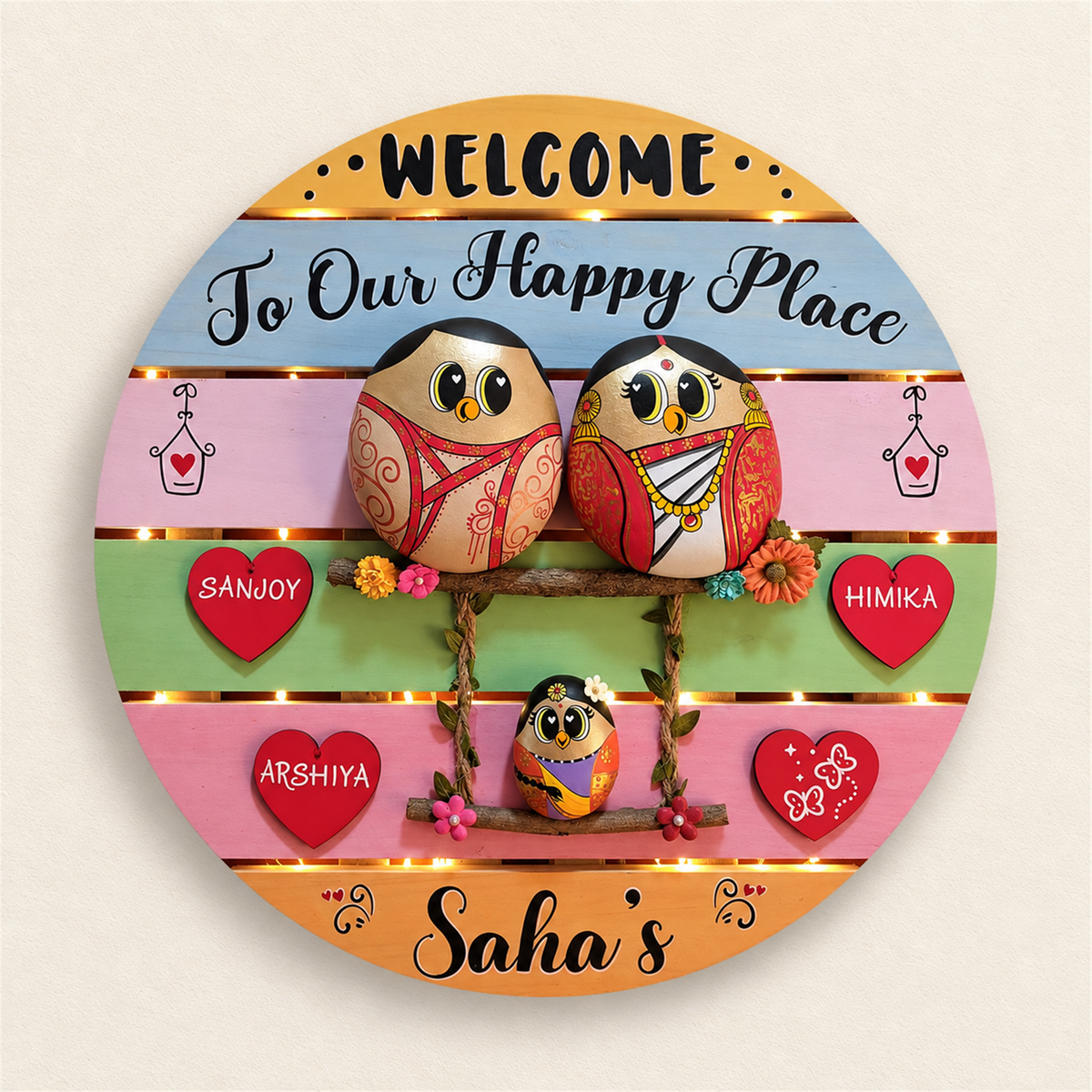 Trio Blissful Haven: a family of three birds on a round wooden wall decoration, on a beige background