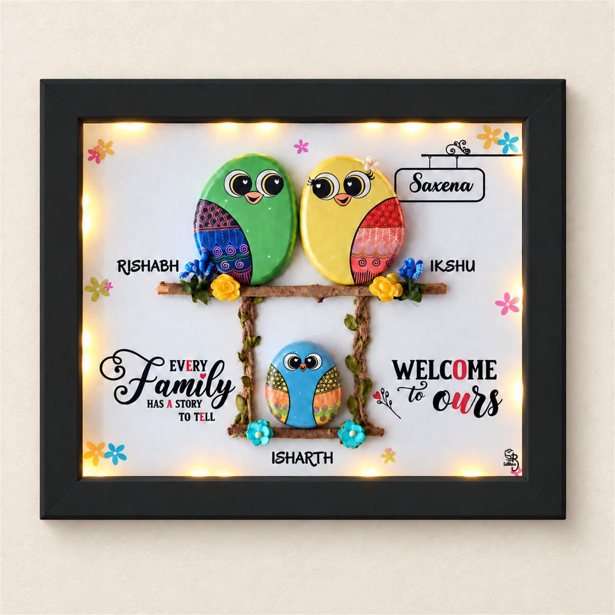 Trio Love Forever: three colourful birds in a family-themed frame, black frame, on a beige background