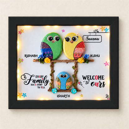 Trio Love Forever: three colourful birds in a family-themed frame, black frame, on a beige background