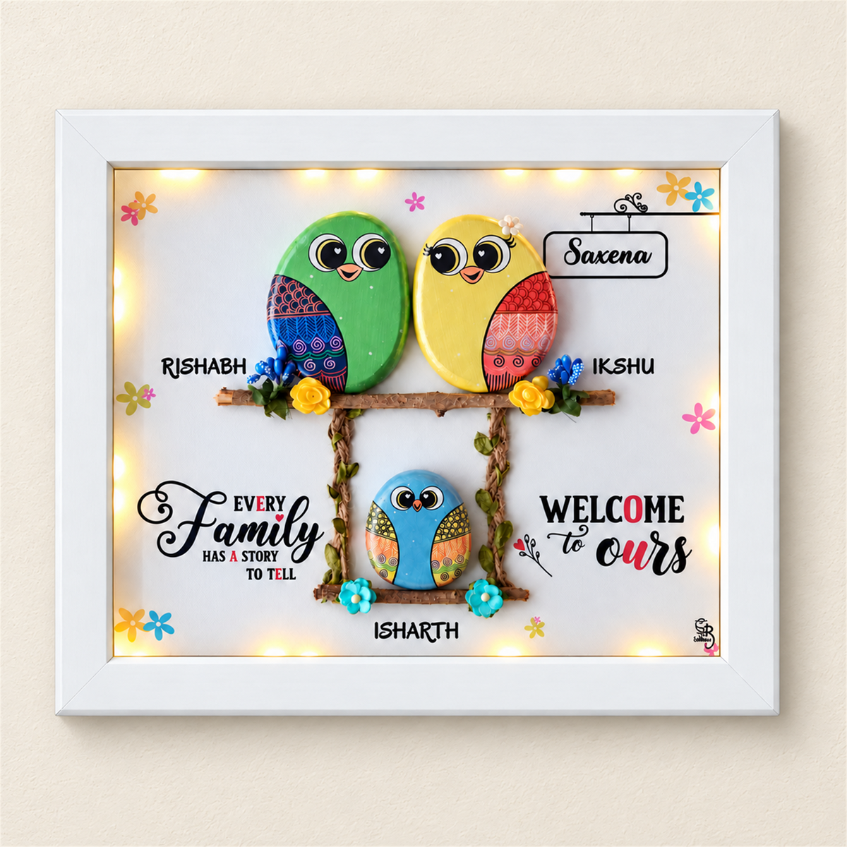 Trio Love Forever: three colourful birds in a family-themed frame, white frame, on a beige background