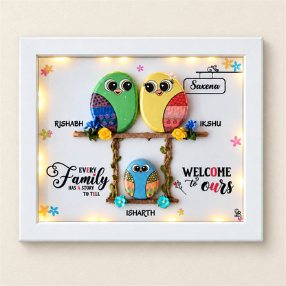 Trio Love Forever: three colourful birds in a family-themed frame, white frame, on a beige background