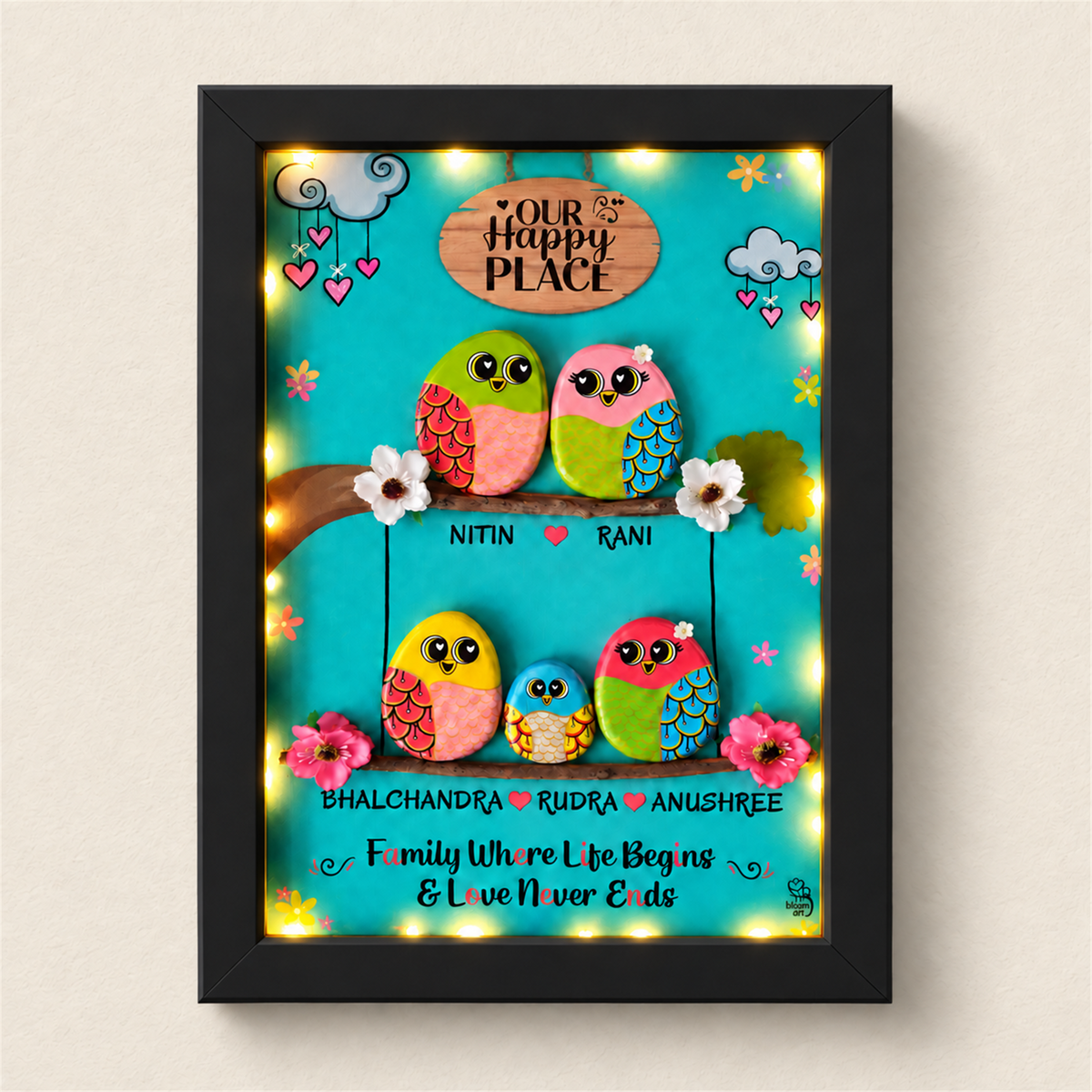 Warmth and Love Pebble Art - black frame