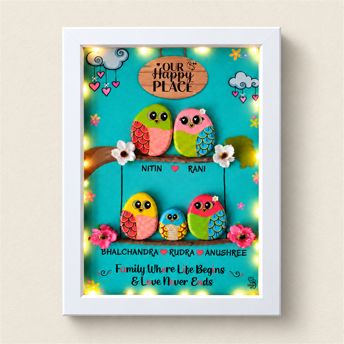 Warmth and Love Pebble Art - white frame